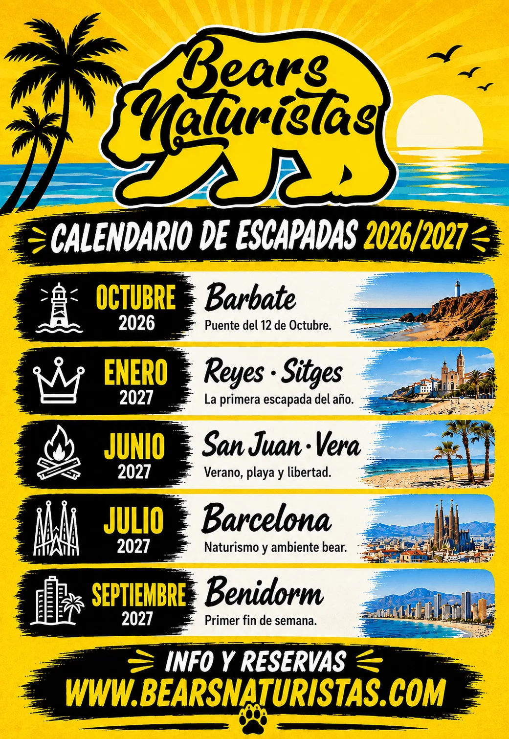 Calendario de escapadas 2026 y 2027 de Bears Naturistas